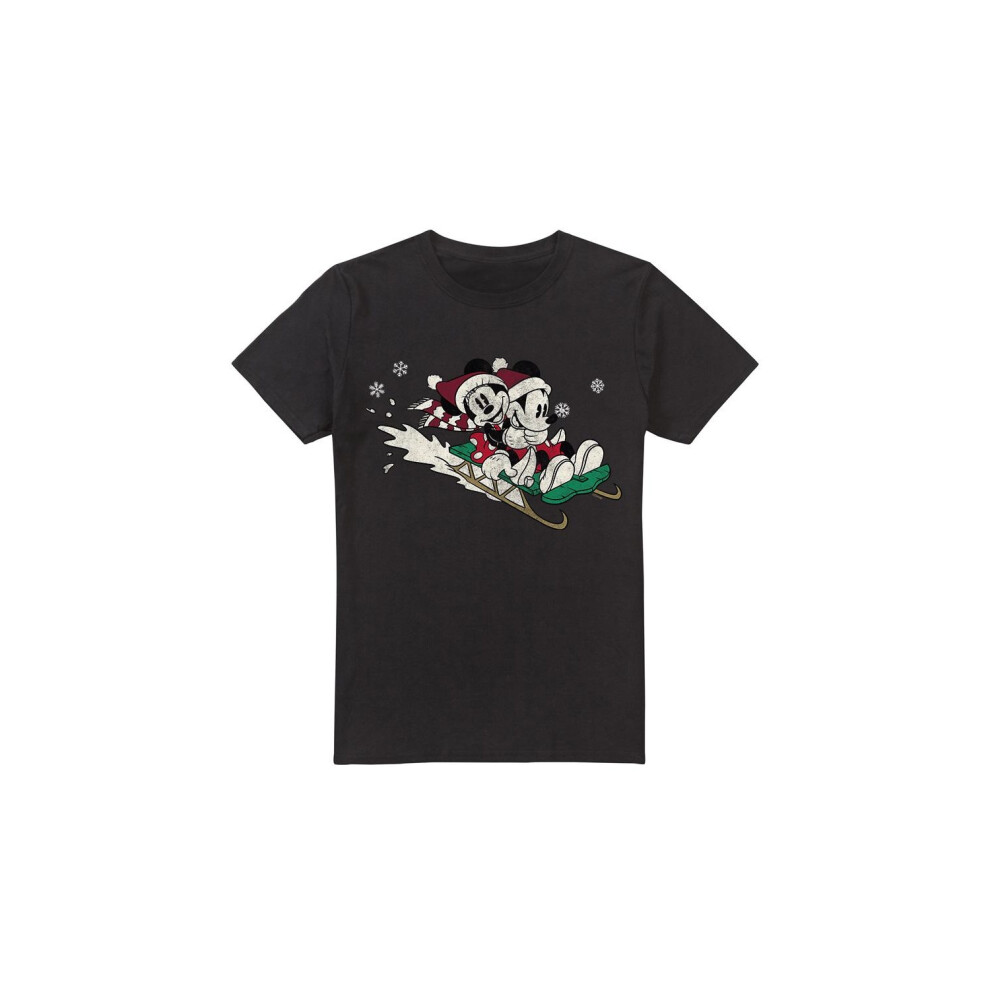 (M, Black) Disney Mens Sledding For Christmas Mickey & Minnie Mouse T-Shirt