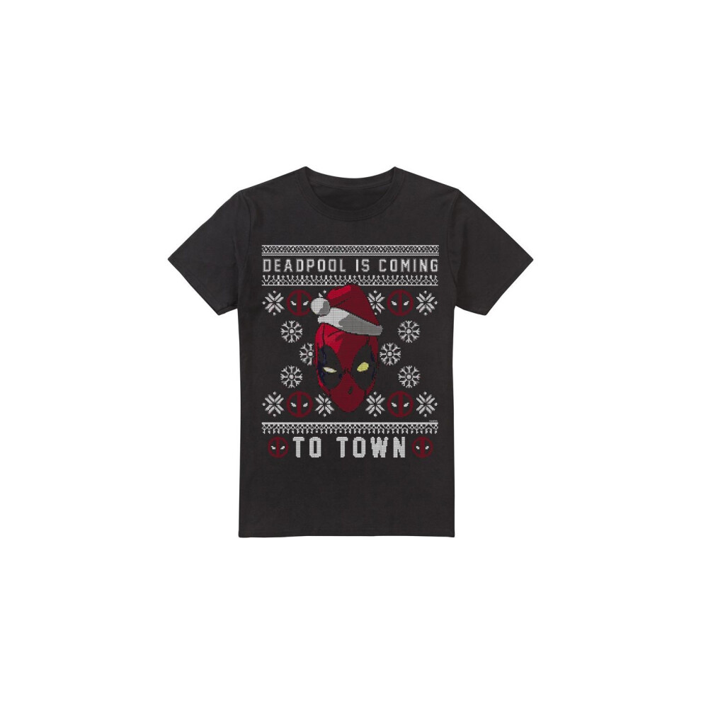 (XXL, Black) Deadpool Mens Coming To Town T-Shirt