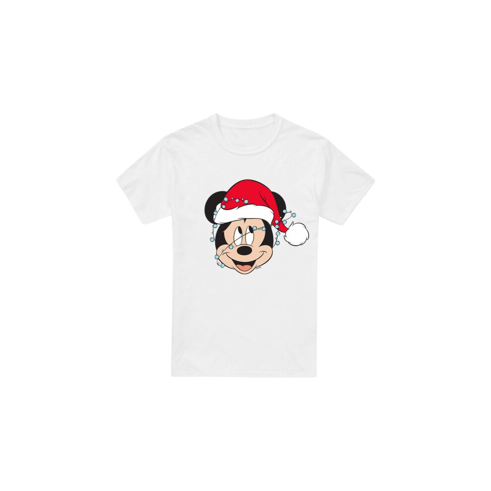 (S, White) Disney Mens Mickey Mouse Christmas Lights Wrap T-Shirt