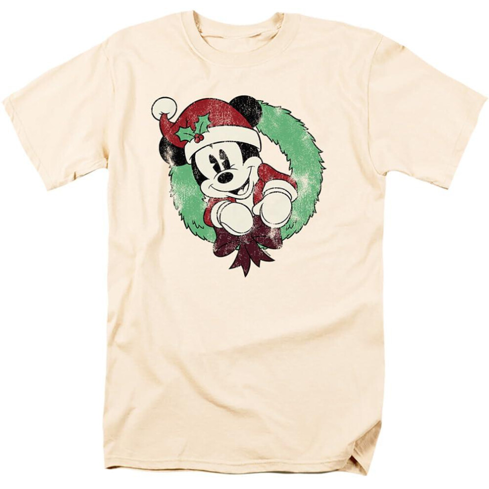 (XL, Natural) Disney Mens Mickey Mouse Vintage Wreath Christmas T-Shirt