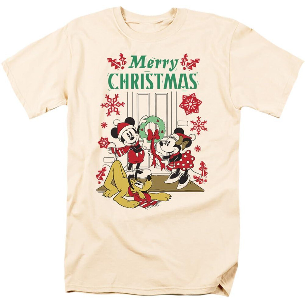 (XL, Natural) Disney Mens Mickey & Minnie Mouse Wreath Christmas T-Shirt