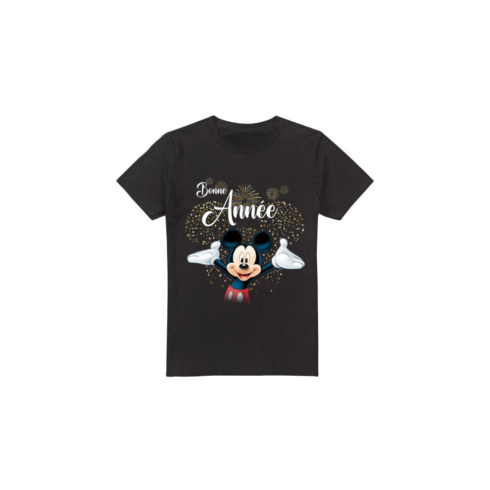 (M, Black) Disney Mens French Mickey Mouse Fireworks New Year T-Shirt