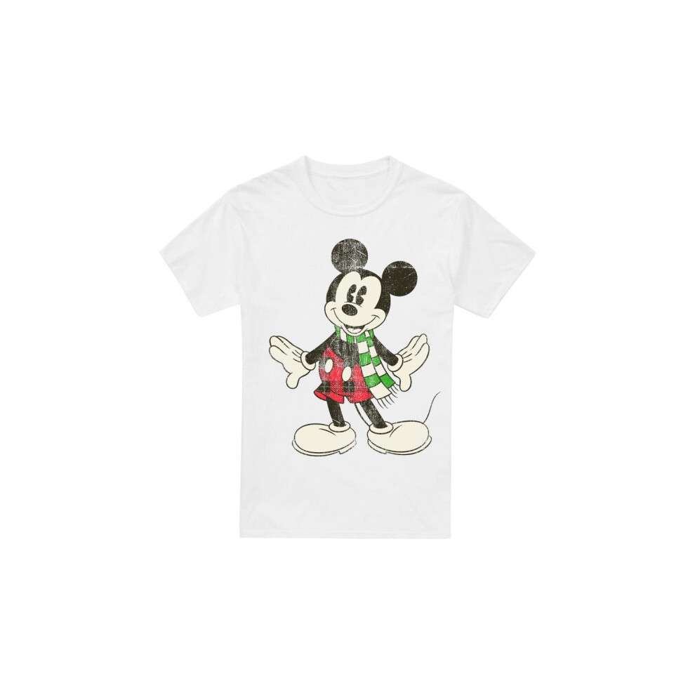 (M, White) Disney Mens Mickey Mouse Retro Scarf Christmas T-Shirt