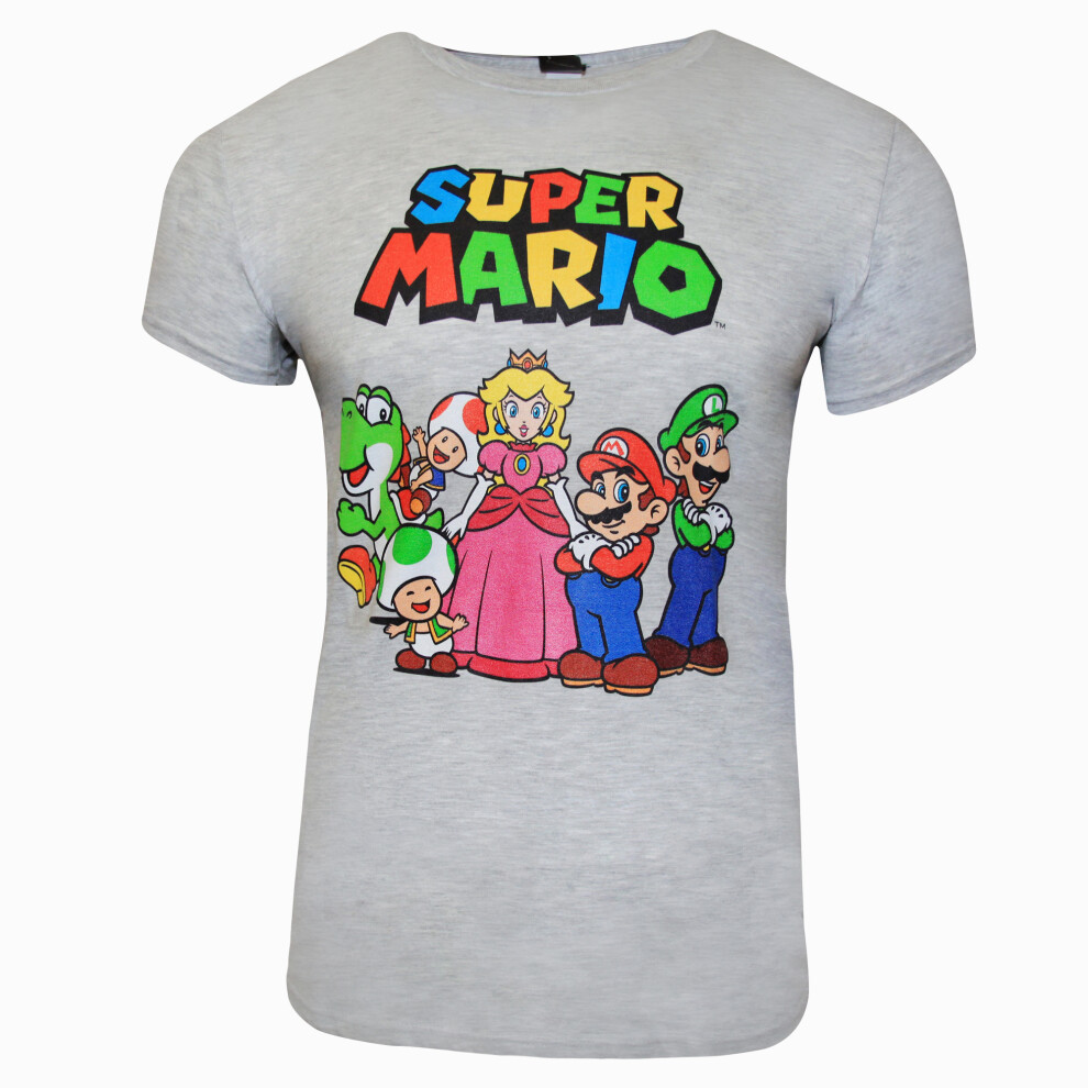 (S, Grey Heather) Super Mario Unisex Adult Group Shot T-Shirt