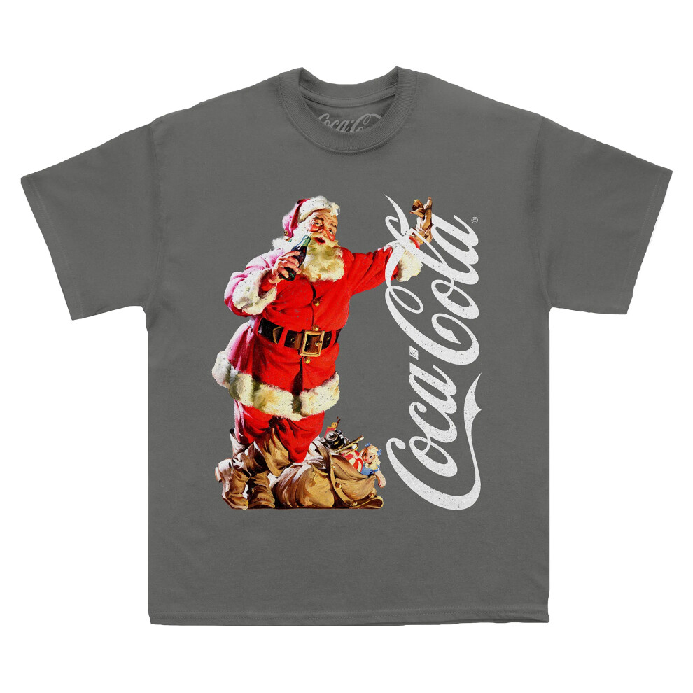 (L, Charcoal) Coca-Cola Unisex Adult Leaning Santa T-Shirt