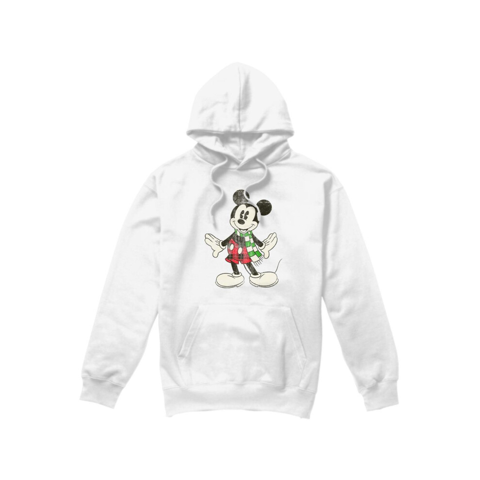 (S, White) Disney Mens Mickey Mouse Retro Scarf Christmas Hoodie