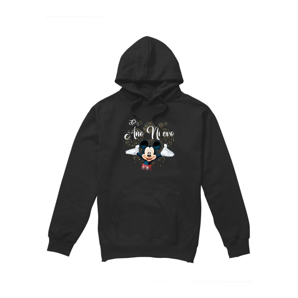 (S, Black) Disney Mens Spanish Mickey Mouse Fireworks New Year Hoodie