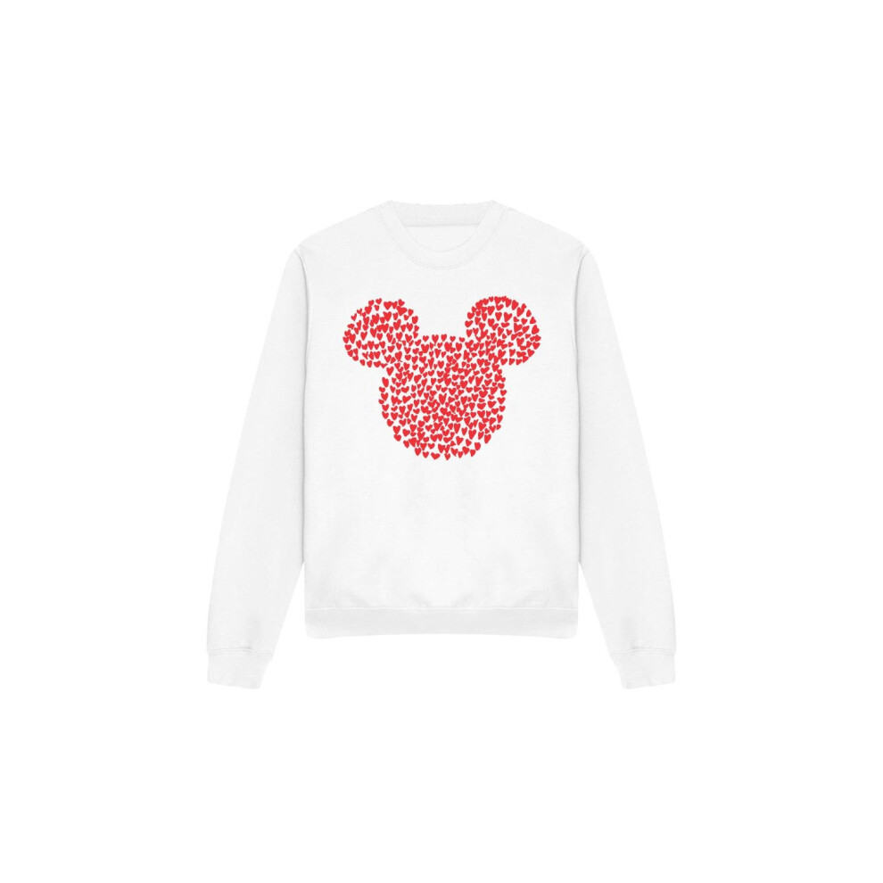 (L, White) Disney Unisex Adult Mickey Mouse Heart Ears Silhouette Valentine's Day Sweatshirt