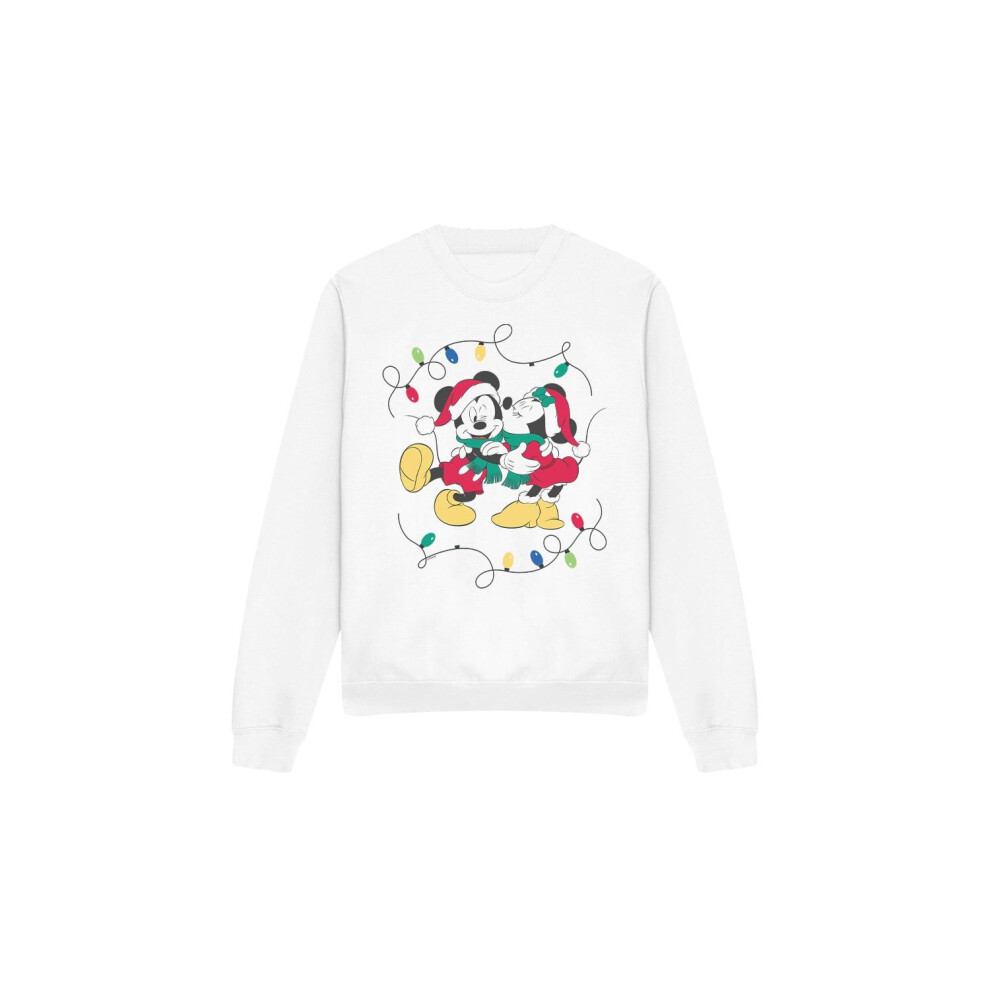 (M, White) Disney Unisex Adult Mickey & Minnie Mouse Kiss Christmas Sweatshirt