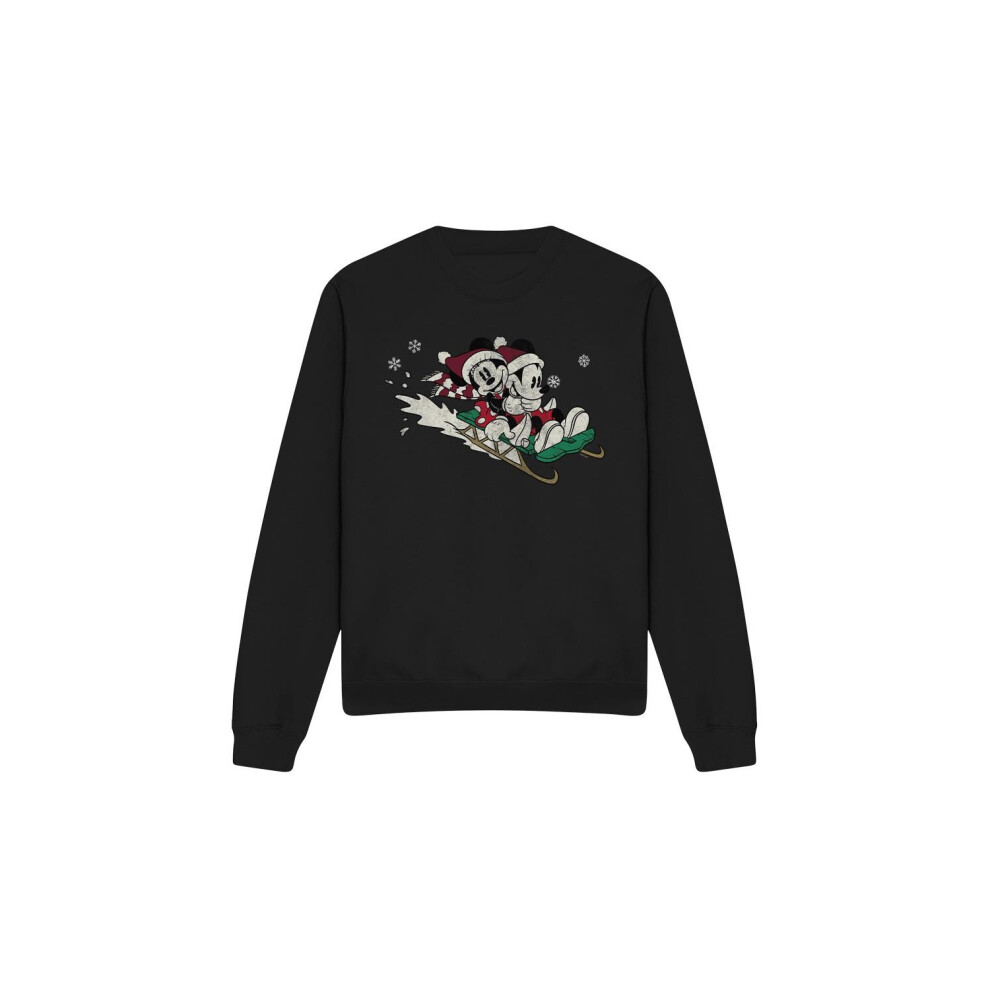 (S, Black) Disney Unisex Adult Sledding For Christmas Mickey & Minnie Mouse Sweatshirt