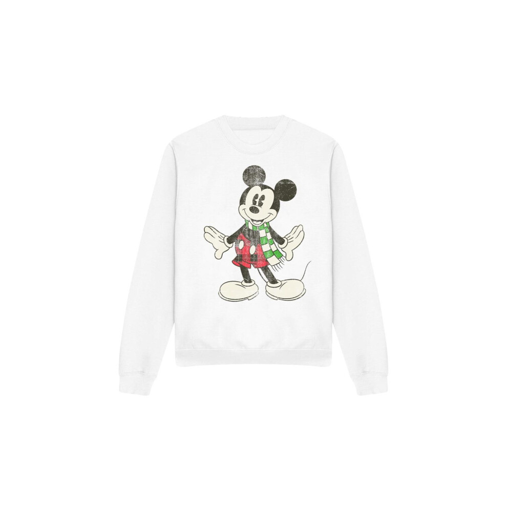 (M, White) Disney Unisex Adult Mickey Mouse Retro Scarf Christmas Sweatshirt