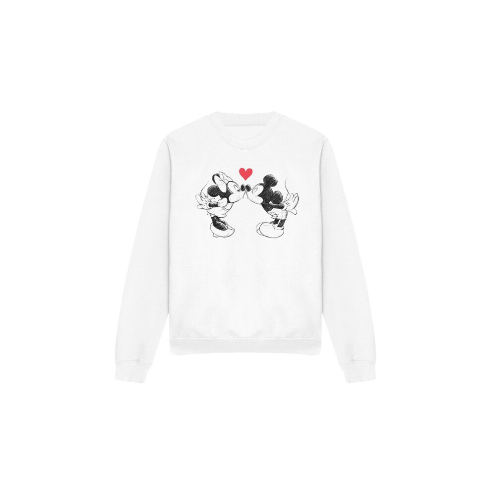 (M, White) Disney Unisex Adult Mickey & Minnie Mouse Kiss Sketch Valentine's Day Sweatshirt