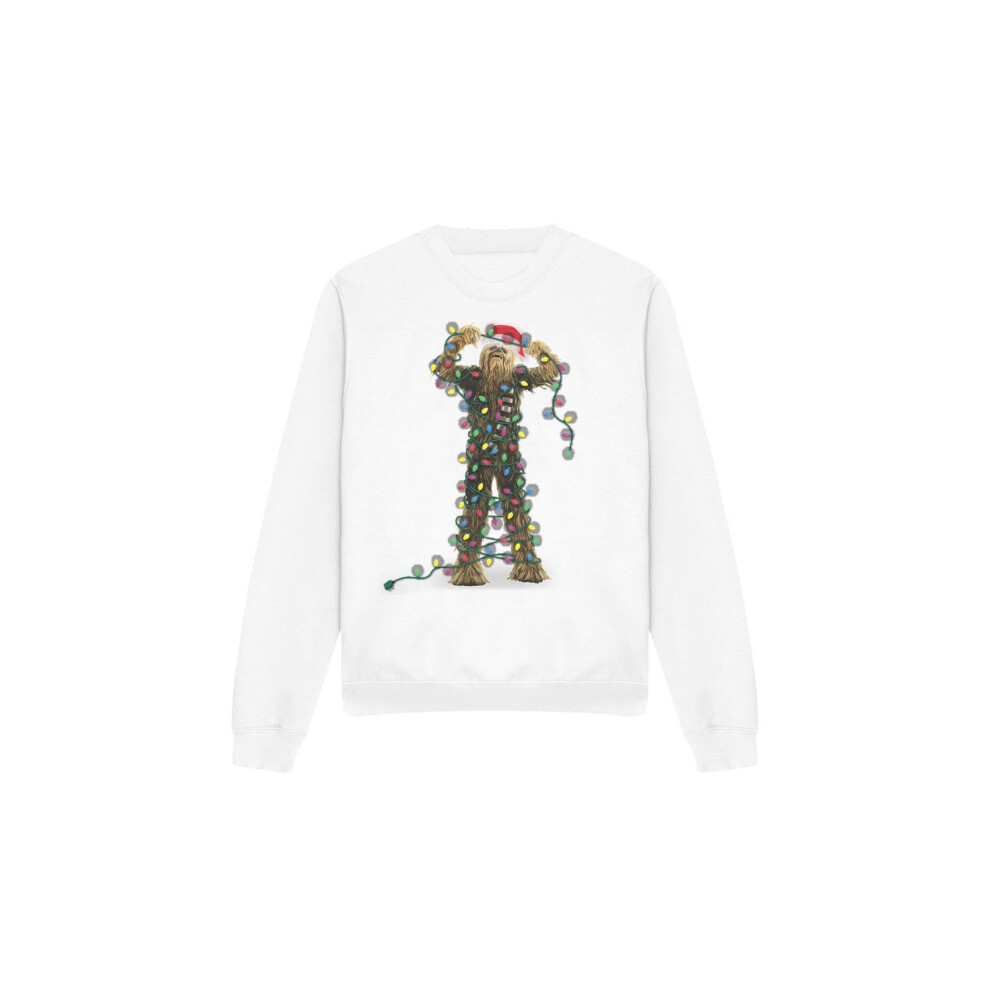 (L, White) Star Wars Unisex Adult Chewbacca Fairy Lights Christmas Sweatshirt