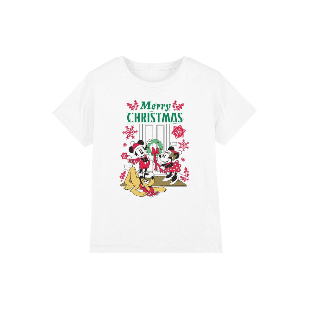 (7-8 Years, White) Disney Childrens/Kids Mickey & Minnie Mouse Wreath Christmas T-Shirt