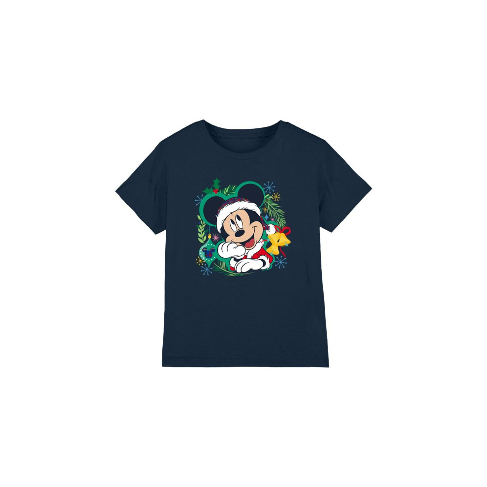 (9-10 Years, Navy) Disney Childrens/Kids Mickey Mouse Wreath Christmas T-Shirt