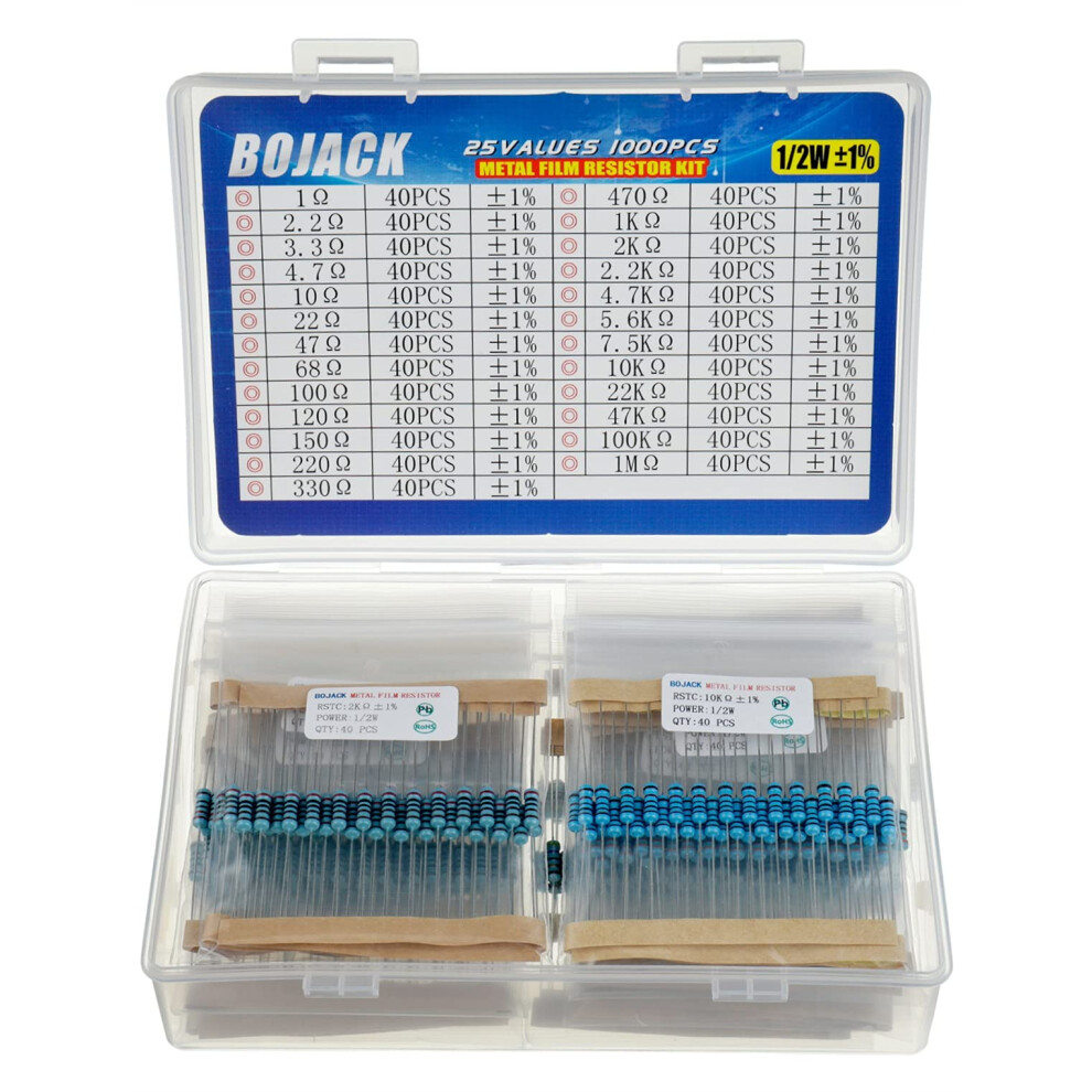 Bojack 1000 Pcs 25 Values Resistor Kit 1 Ohm-1M Ohm With 1% 1/2W Metal Film Resistors Assortment 759838089953