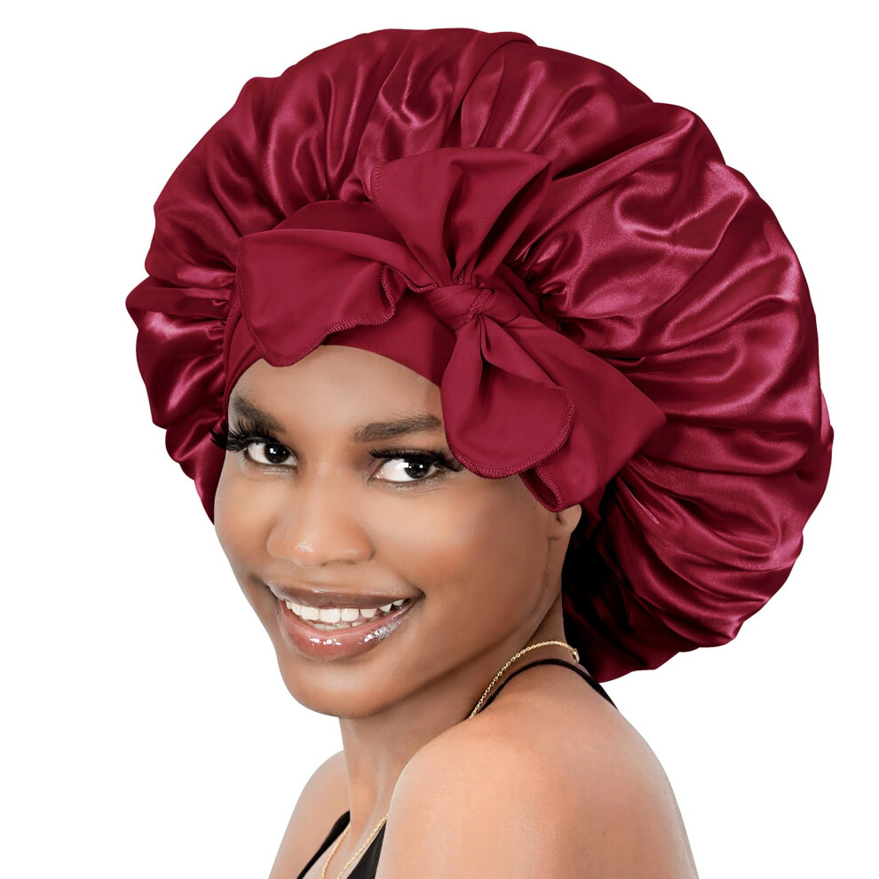 Verloren Koningin Bonnet Queen Silk Bonnet For Sleeping Women Satin Bonnet Hair Bonnet Night Sleep Cap Scarf Wrap For Curly Hair With Tie Band Dark Red