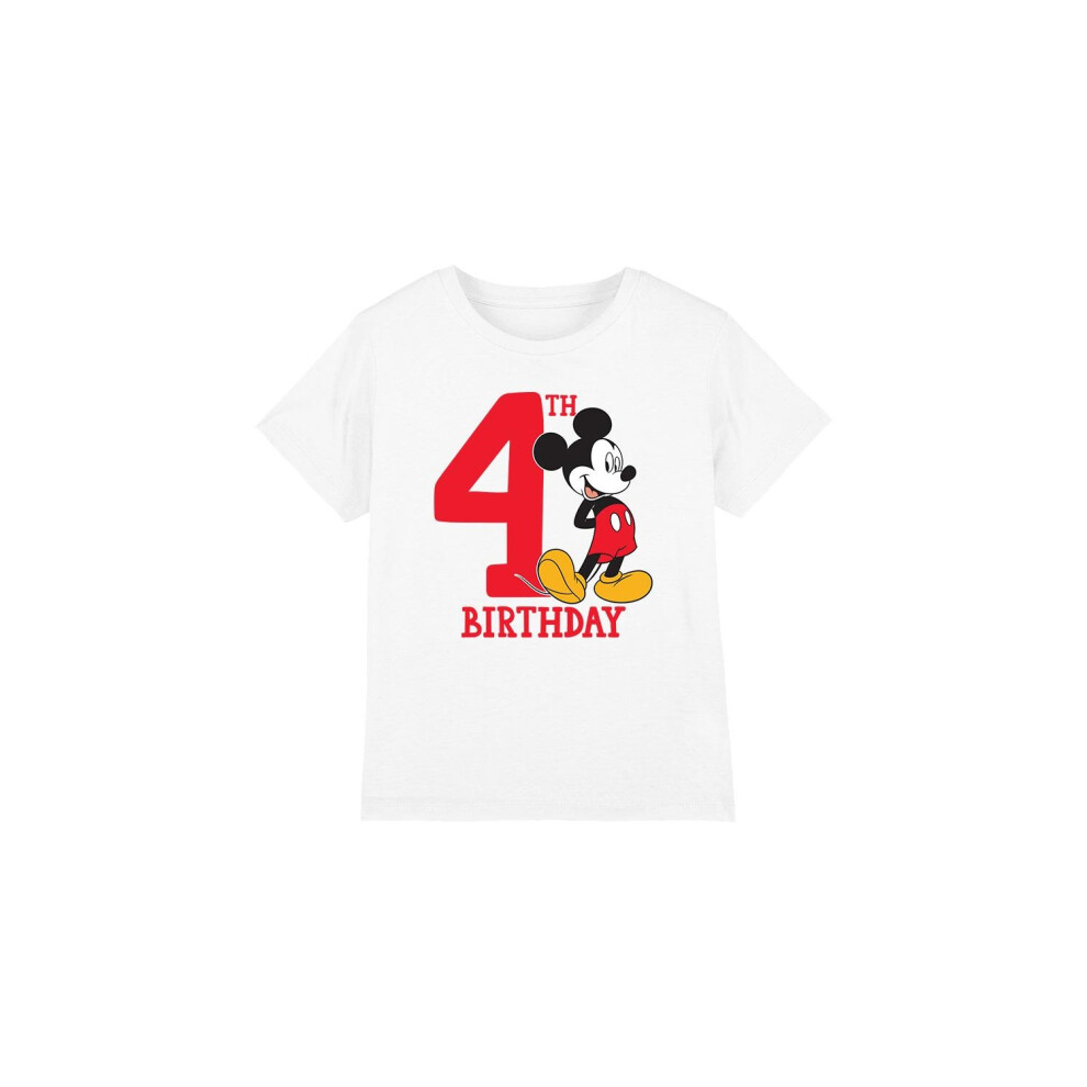 (9-10 Years, White) Disney Childrens/Kids Mickey Mouse 4th Birthday T-Shirt