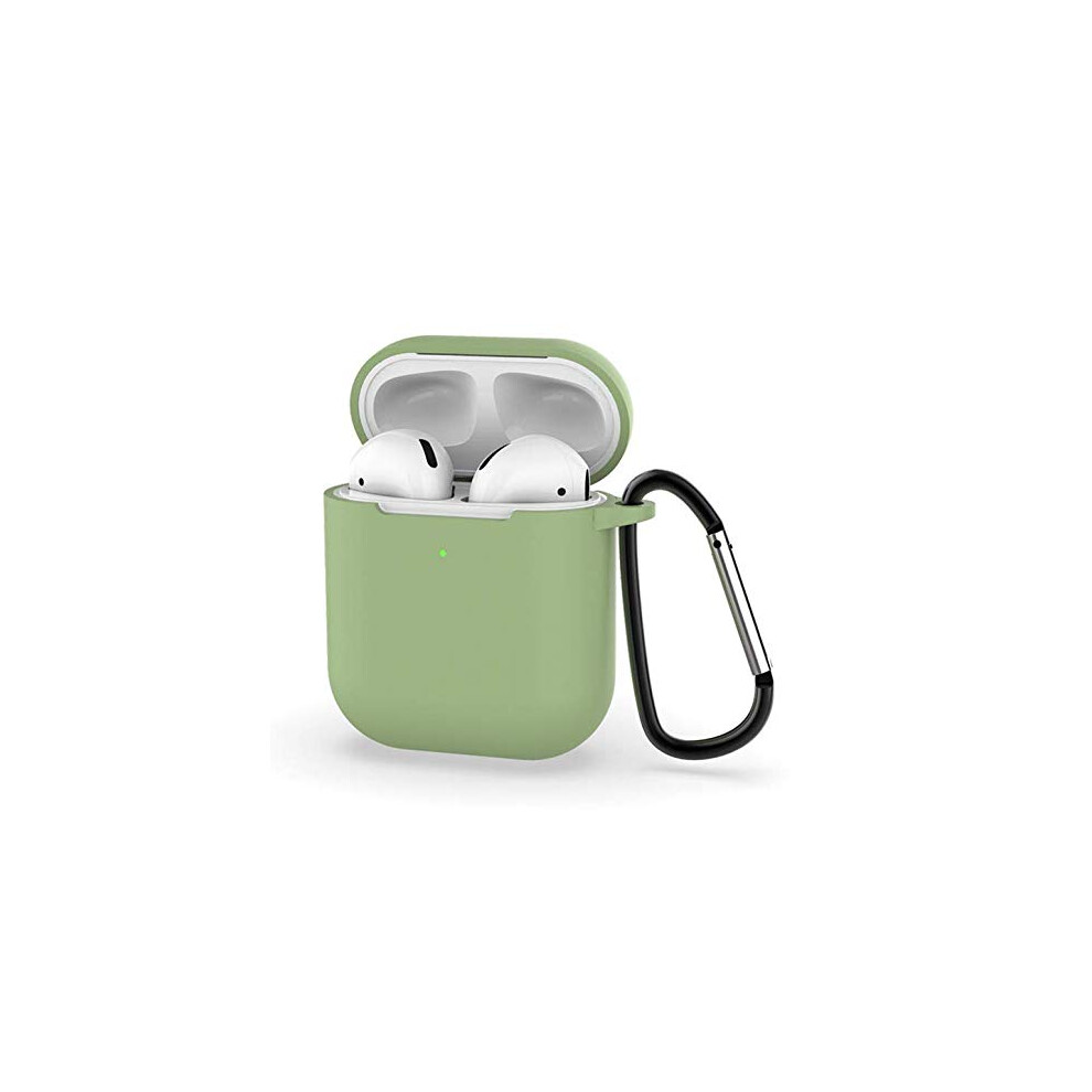 Airpods 2 Protective Soft Chargeable Protective Silicone Skin Cover Case Earphone Sleeve Headphone Shockproof Anti-Lost Carabiner (Matcha Green)