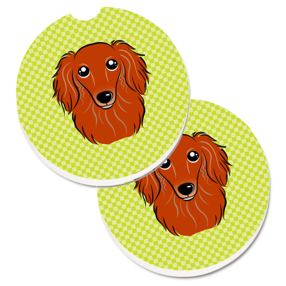 Caroline's Treasures Checkerboard Lime Longhair Dachshund Set Of 2 Cup Holder Car Coasters Bb1276carc 2.56 Multicolor Green/Red 638508565303