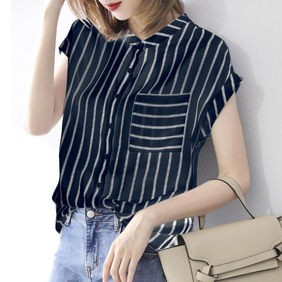 (dark blue, 5XL) ZANZEA Women Casual Stand Collar Short Sleeve Summer Stripe Blouse