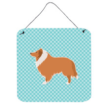 ""Caroline's Treasures Collie Checkerboard Blue Wall or Door Hanging Prints BB3716DS66 6"""" x 6"""" Multicolor""