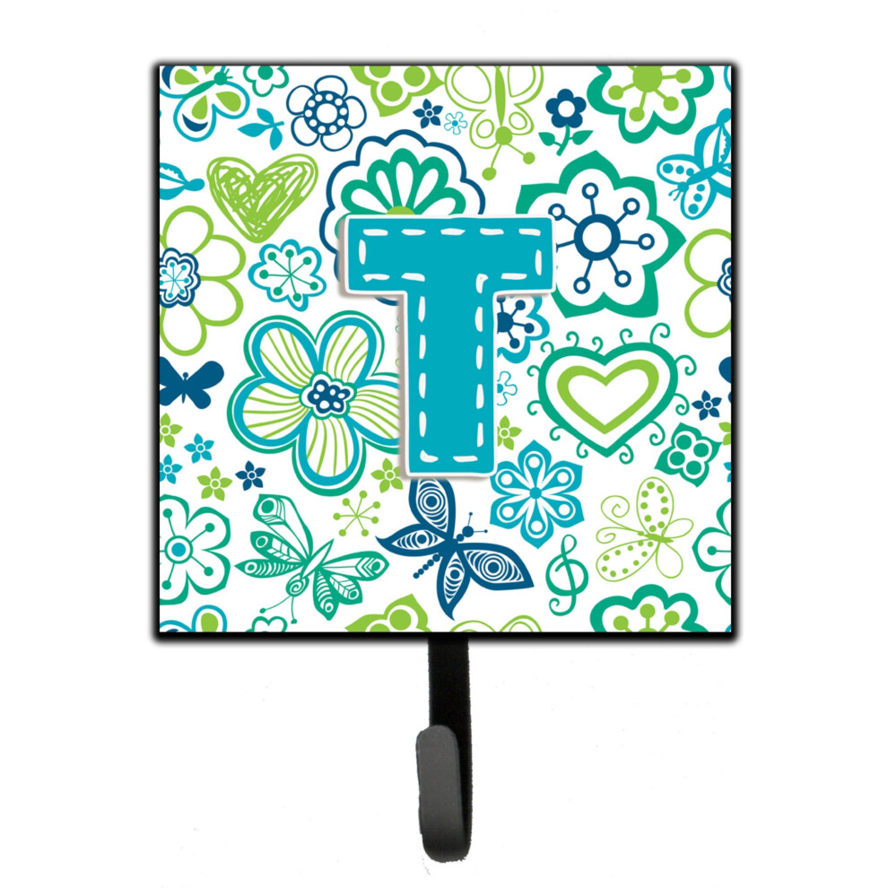 ""Caroline's Treasures CJ2006-TSH4 Porte-Cl S Ou Laisse Lettre T Fleurs Et Papillons Bleu Sarcelle Petit Multicolore""-image