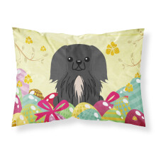 Fodera per cuscino standard in tessuto nero Pekingnese con uova di Pasqua