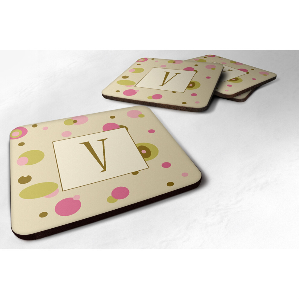 Sous-Verres En Mousse Pois Beiges Et Monogrammes Caroline's Treasures CJ1004-VFC (Lot De 4), Lettre Initiale V, 8,9 Cm (H) X 8,9 Cm (L), Multic-image