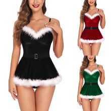 (Green, L) Women Lingerie Set Sleepwear Steel Ring Pajamas Garter Dress Set Sexy Christmas Plush Slim Dress Santa Claus Cosplay Costume