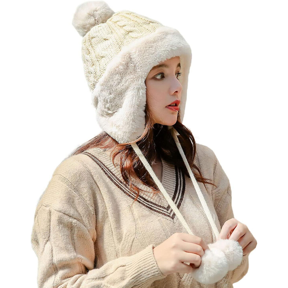 Women Peruvian Earflap Beanie Hat Knitted Pom Winter Snow Ski Hat With Fleece Lined