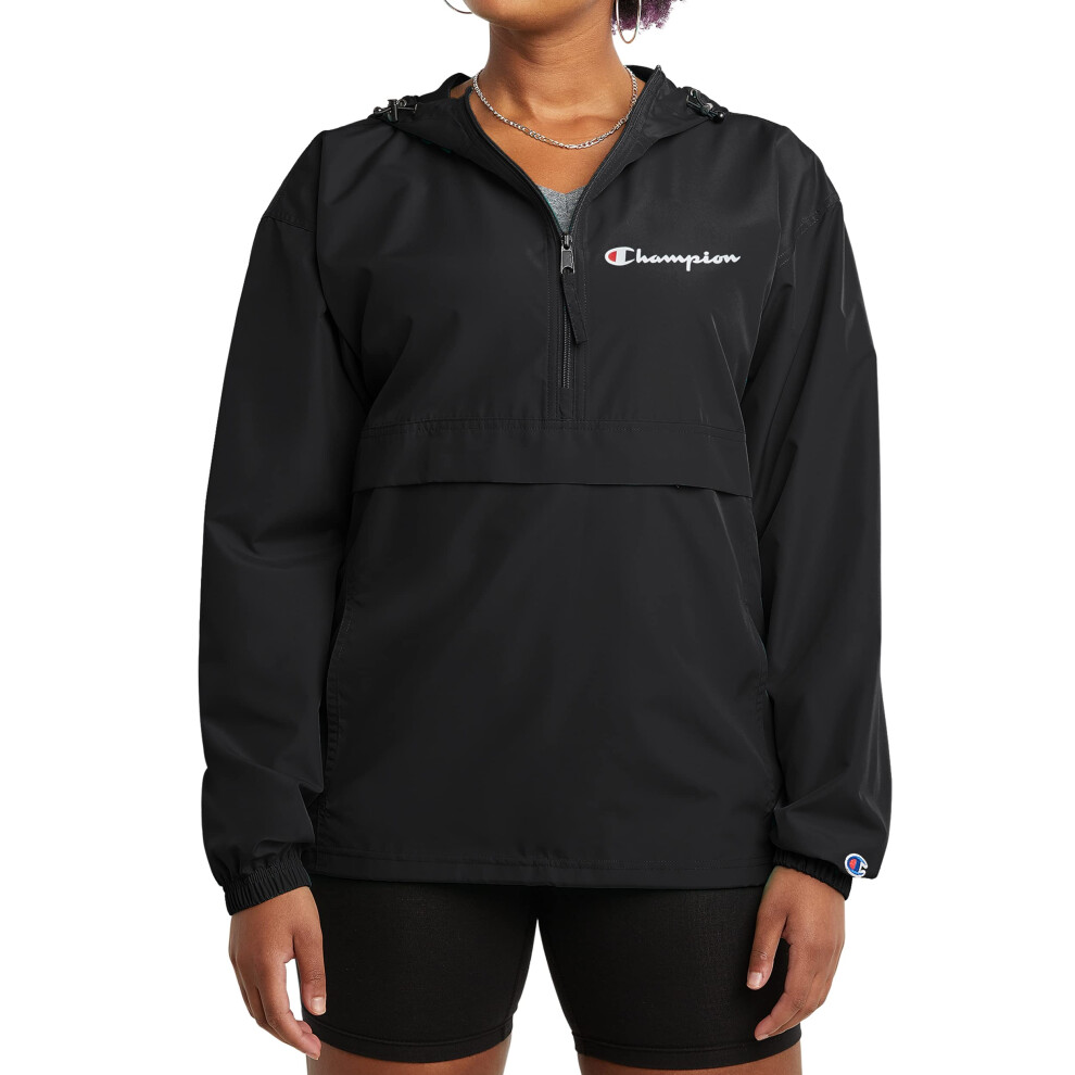 Champion Windbreaker Packable Wind And Water-Resistant Jacket For Women Black Small Script