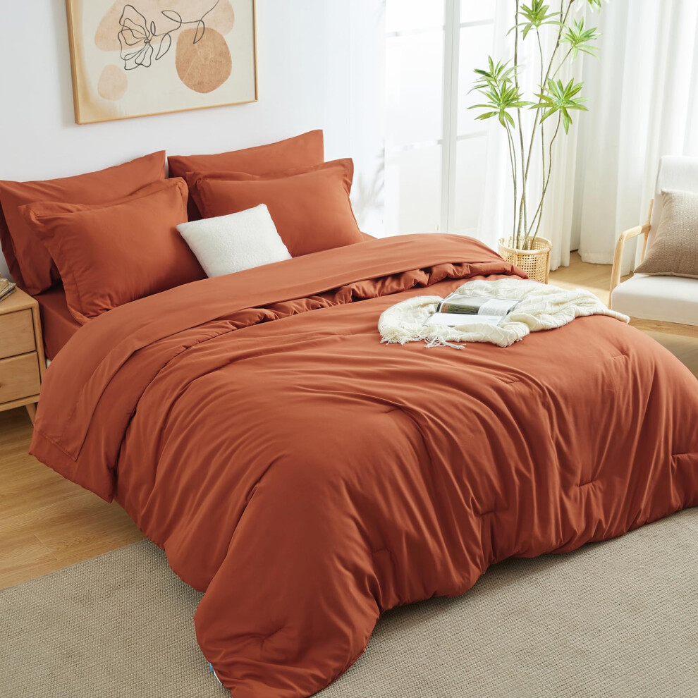 Ensemble de couette Queen CozyLux Orange brûlé 7 pièces Lit dans un sac Ensemble de couette en terre cuite avec draps Ensemble de lit bohème tout