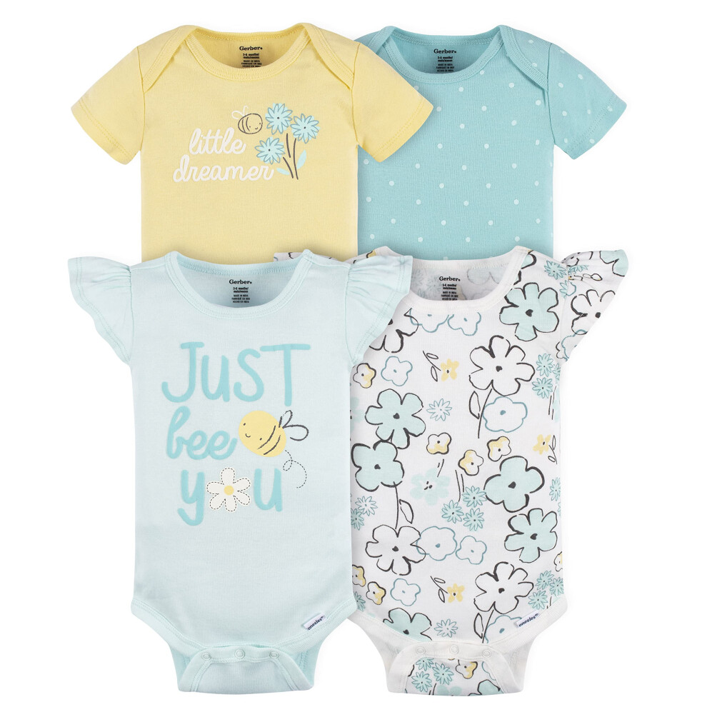 Gerber Baby Girl's 4-Pack Short Sleeve Onesies Bodysuits Blue Bee