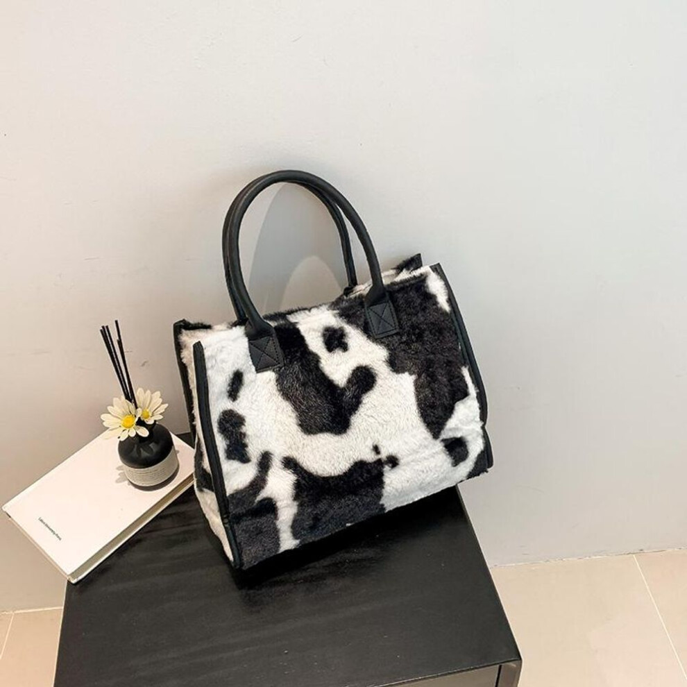 (black, 34x13x27.5cm) Yogodlns Women Winter Warm Soft Plush Shoulder Bag Fashion Leopard Cow Pattern Faux Fur Shopper Totes Large Capacity Handbag