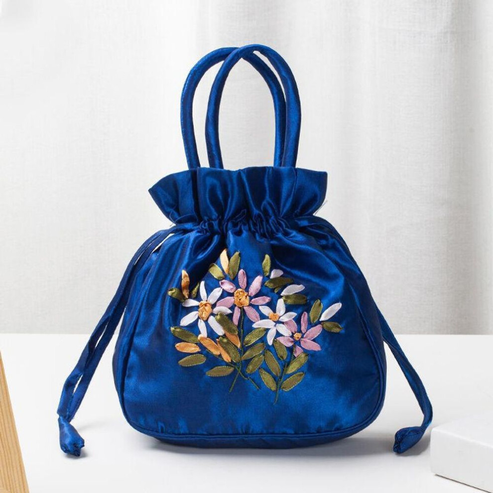 (navy, 19x6x19cm) Yogodlns Retro Embroidery Drawstrings Handbags Storage Bags Women Purse Wallets Card Holder Bucket Shoulder Bag Wrist Bags