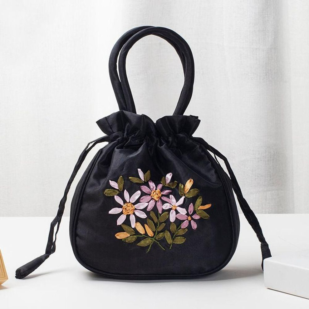 (black, 19x6x19cm) Yogodlns Retro Embroidery Drawstrings Handbags Storage Bags Women Purse Wallets Card Holder Bucket Shoulder Bag Wrist Bags