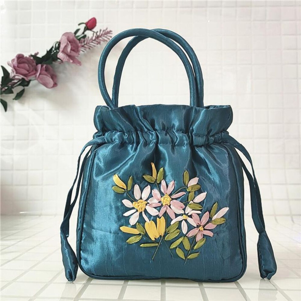(blue, 19x6x19cm) Yogodlns Retro Embroidery Drawstrings Handbags Storage Bags Women Purse Wallets Card Holder Bucket Shoulder Bag Wrist Bags