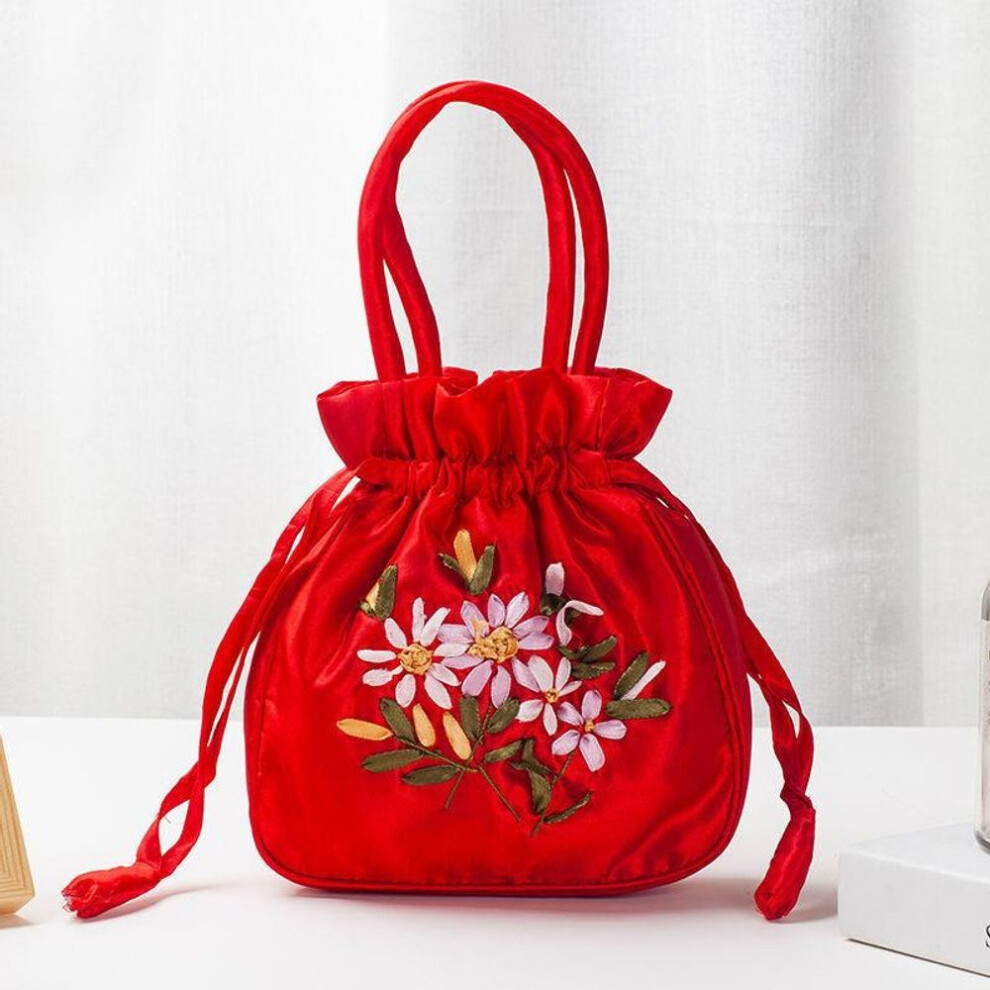 (red, 19x6x19cm) Yogodlns Retro Embroidery Drawstrings Handbags Storage Bags Women Purse Wallets Card Holder Bucket Shoulder Bag Wrist Bags
