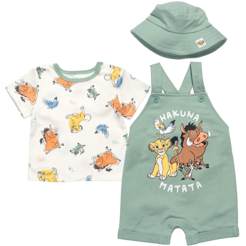 Disney Lion King Simba Timon Pumbaa Infant Baby Boys French Terry Short Overalls T-Shirt & Hat 3 Piece Outfit Set 12 Months