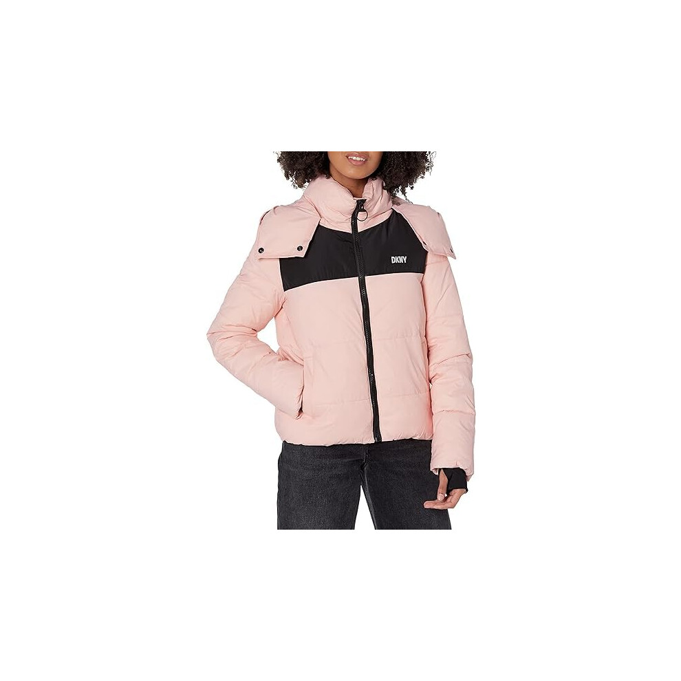 DKNY Women's Colorblock Logo Puffer W/Removeable Jacket White Large