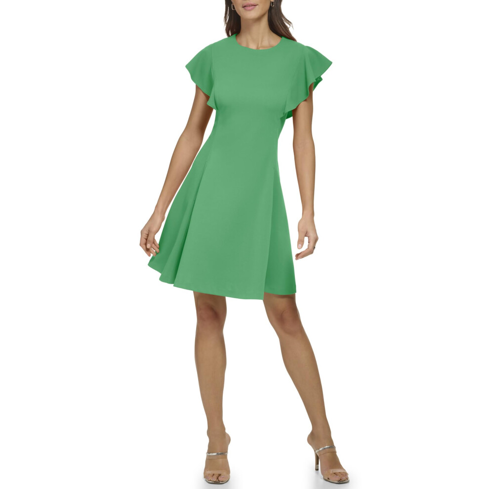 DKNY Women's Flutter Sleeve Scuba Crepe Jewel Neck Dress Apple Green 10