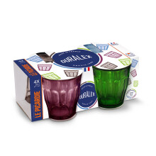 Duralex Made In France Picardie Glass Tumbler Drinking Glasses Set of 4. Size 8-3/8 oz Mixed Colors: Plum Green Marine Blue Grey.