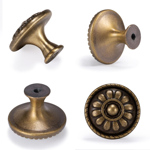 Fecraf 15 Pack Antique Brass Drawer Knobs Vintage Dresser Drawers Knobs Solid Round Cabinet Knobs Single Hole Cabinet Hardware for Refinished Furnitur 2