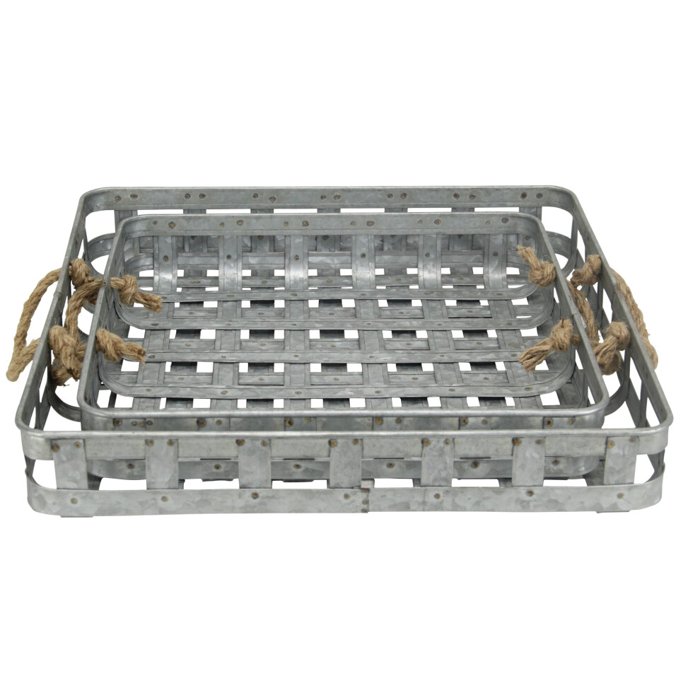 Set Van Twee 17 Grijze Rechthoekige Metalen Handgemaakte Dienbladen Met Touwhandgrepen-image