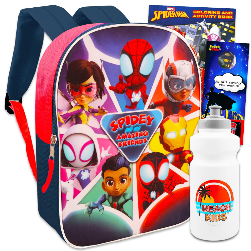 Spidey And His Amazing Friends Backpack Set - Bundle With 16 Spiderman Backpack For Kids Plus Spidey Coloring Book Water Bottle And More | Spidey And