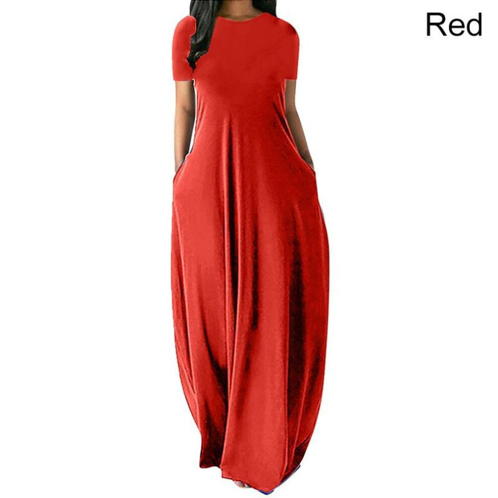 (red, S) Women Casual Loose O-neck Long Dresses Short Sleeve Summer Beach Dress Elegant Evening Party Dress