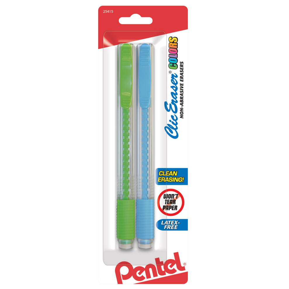 Pentel Clic Erasers Assorted Colors 2/Pkg