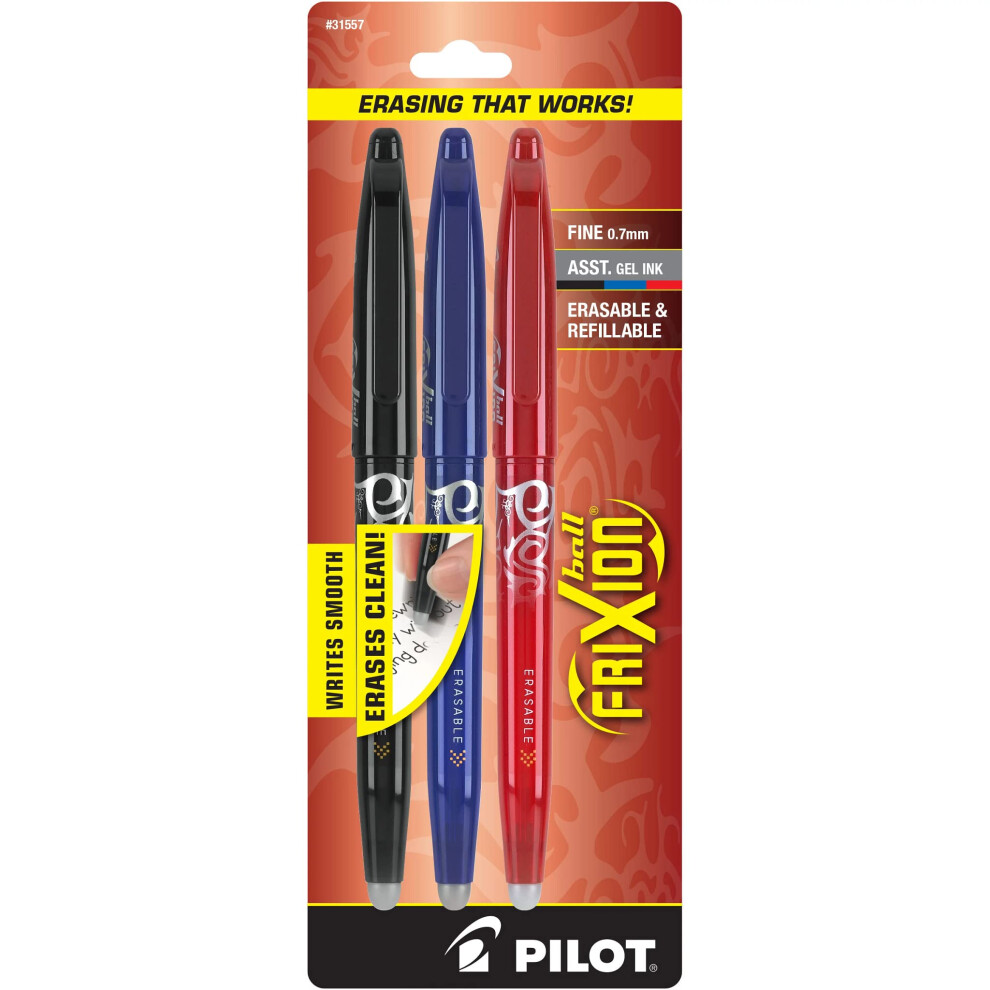 Pilot  FriXion Ball Erasable & Refillable Gel Ink Pens  Fine Point 0.7 mm  Pack of 3  Black  Blue  & Red