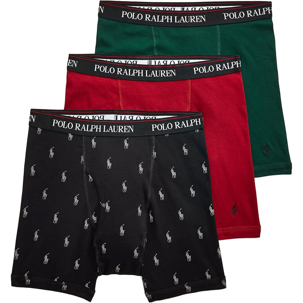 POLO RALPH LAUREN Classic Fit w/Wicking 3-Pack Boxer BriefS  Black/White AOPP  RED  College Green SM